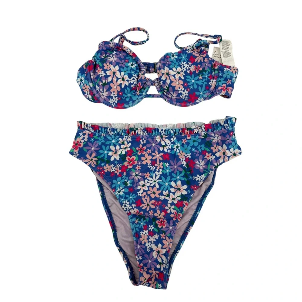 Cupshe Two Piece Floral Ruffle Underwire Bikini in Blue Floral Medium NWT